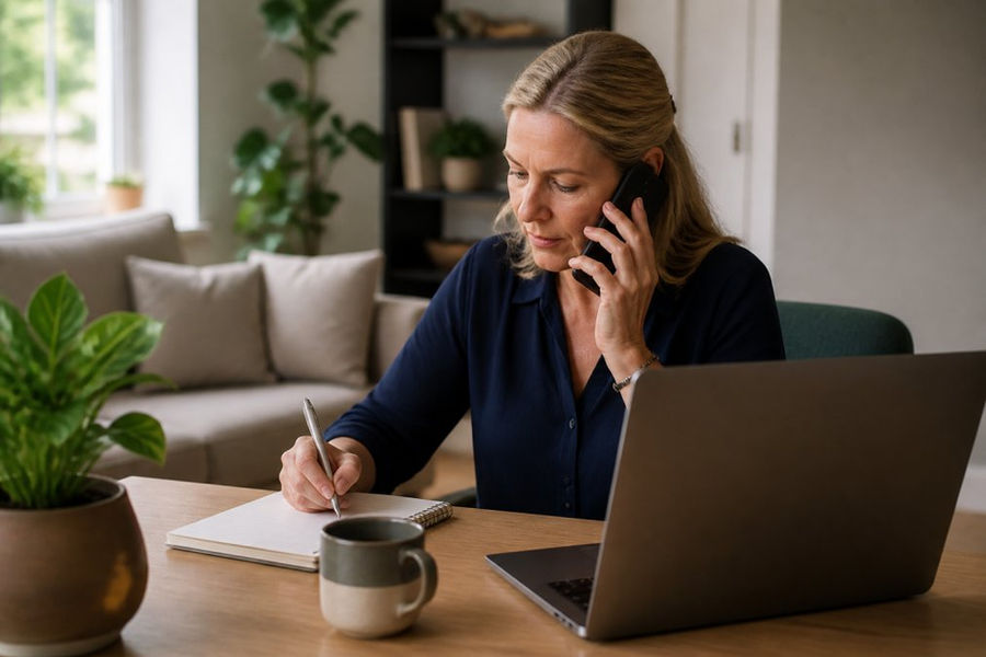 A property manager at a home desk reviewing a maintenance request on a laptop while speaking on a mobile phone, with a notepad and coffee nearby