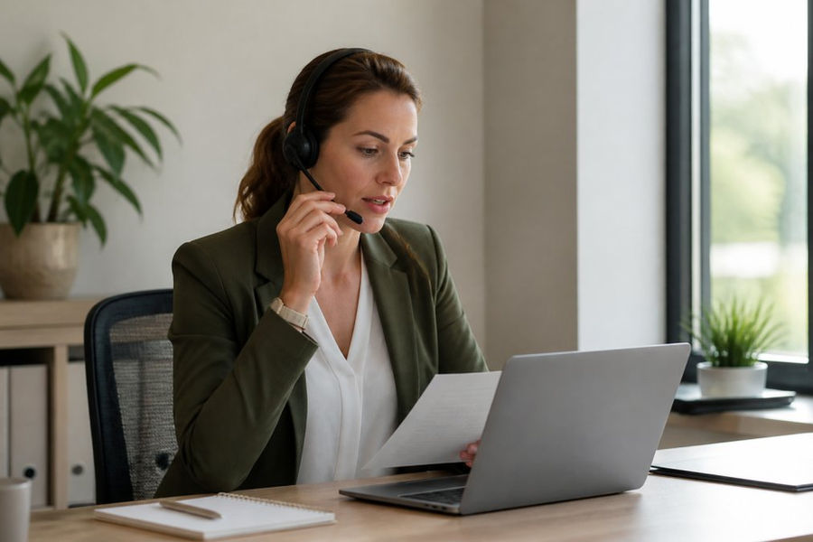 Property manager using a headset for maintenance communication while reviewing a request on a laptop