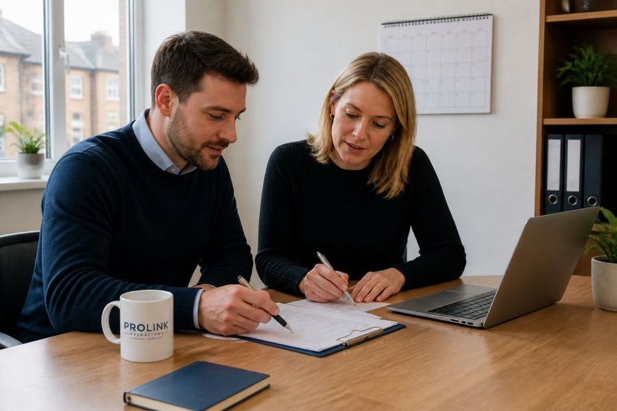 Property manager and coordinator reviewing documents to select a property management outsourcing partner