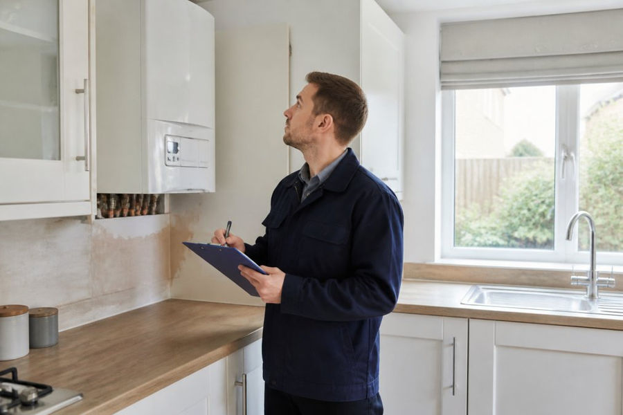 Property manager inspecting rental property interior, checking boiler condition and wall surfaces with clipboard and pen, modern residential kitchen with natural light