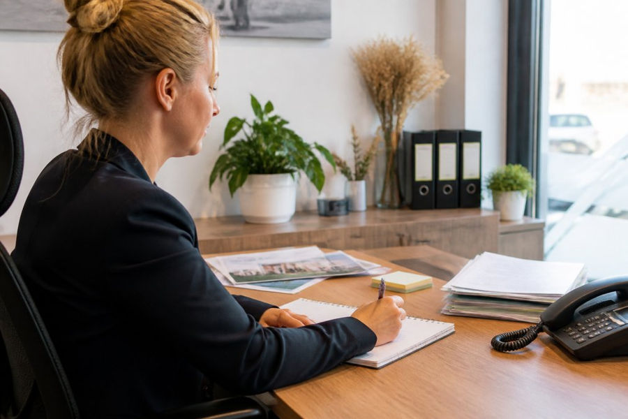 Property manager reviewing maintenance schedules on a laptop, a reliable vacentral alternative for busy offices.