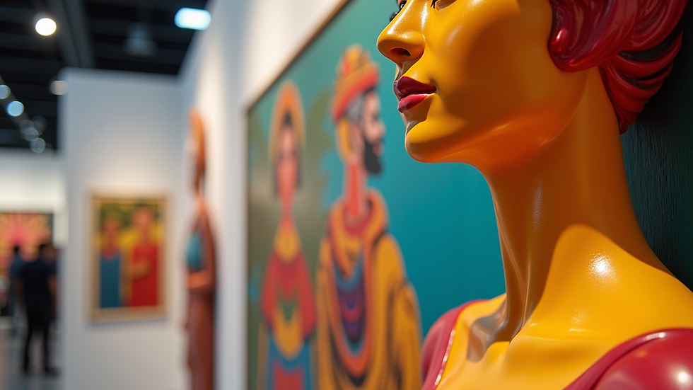 Close-up view of a vibrant Puerto Rican sculpture displayed in an international art fair