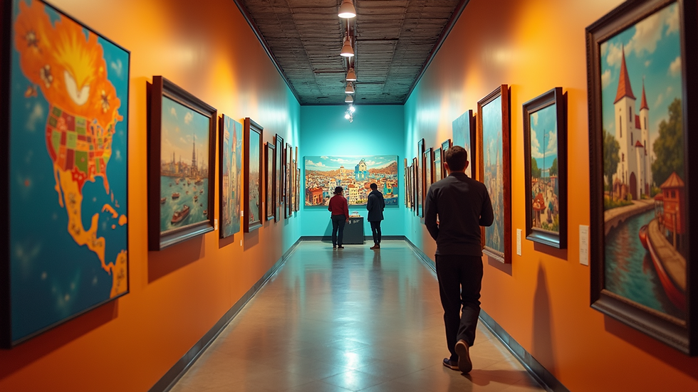 Eye-level view of a vibrant Puerto Rican art gallery showcasing colorful paintings