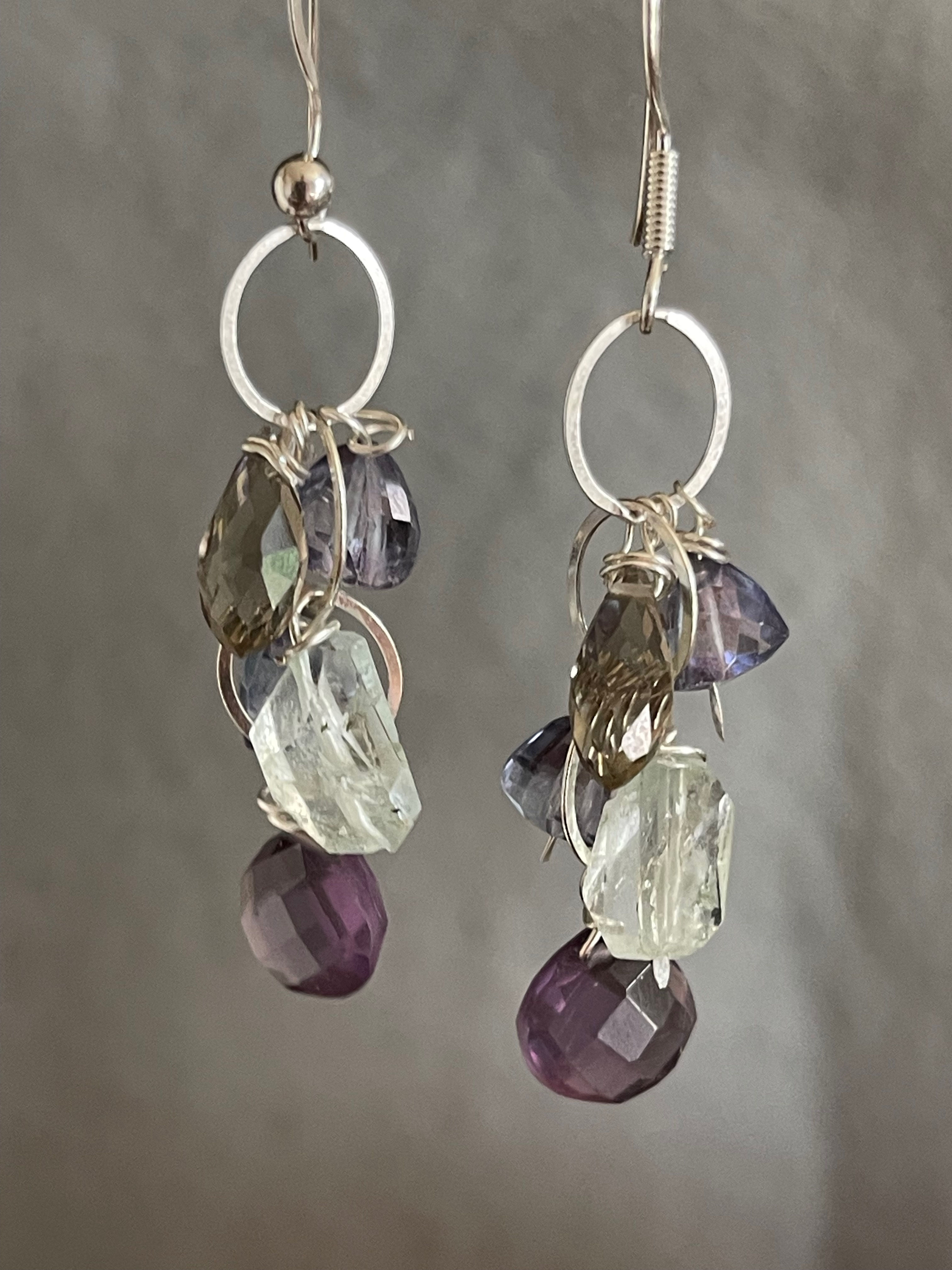 Silver, amethyst and aquamarine dangle earrings