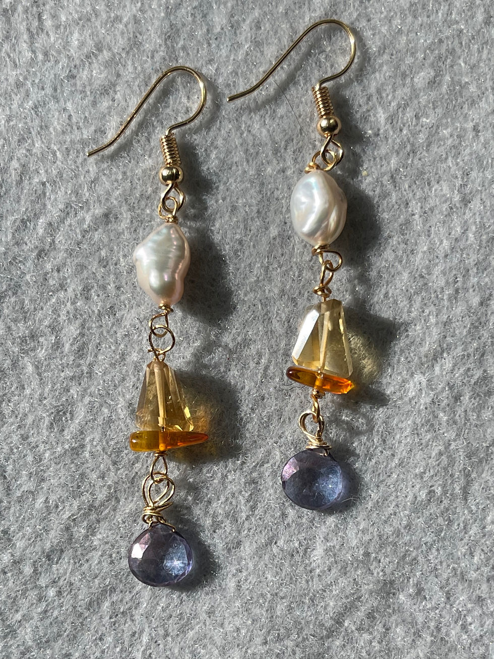 Dangle earrings with citrine, blue mystic and pearls