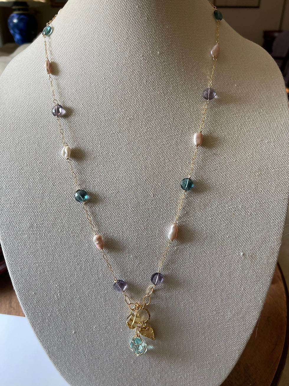 London blue topaz, amethyst, pearls with charm trio necklace