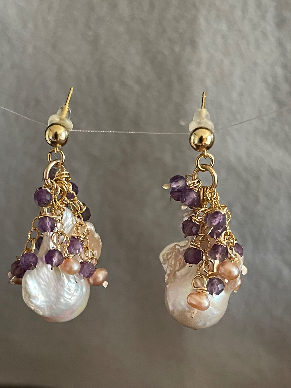 Baroque pearls with amethyst and pearl dangles