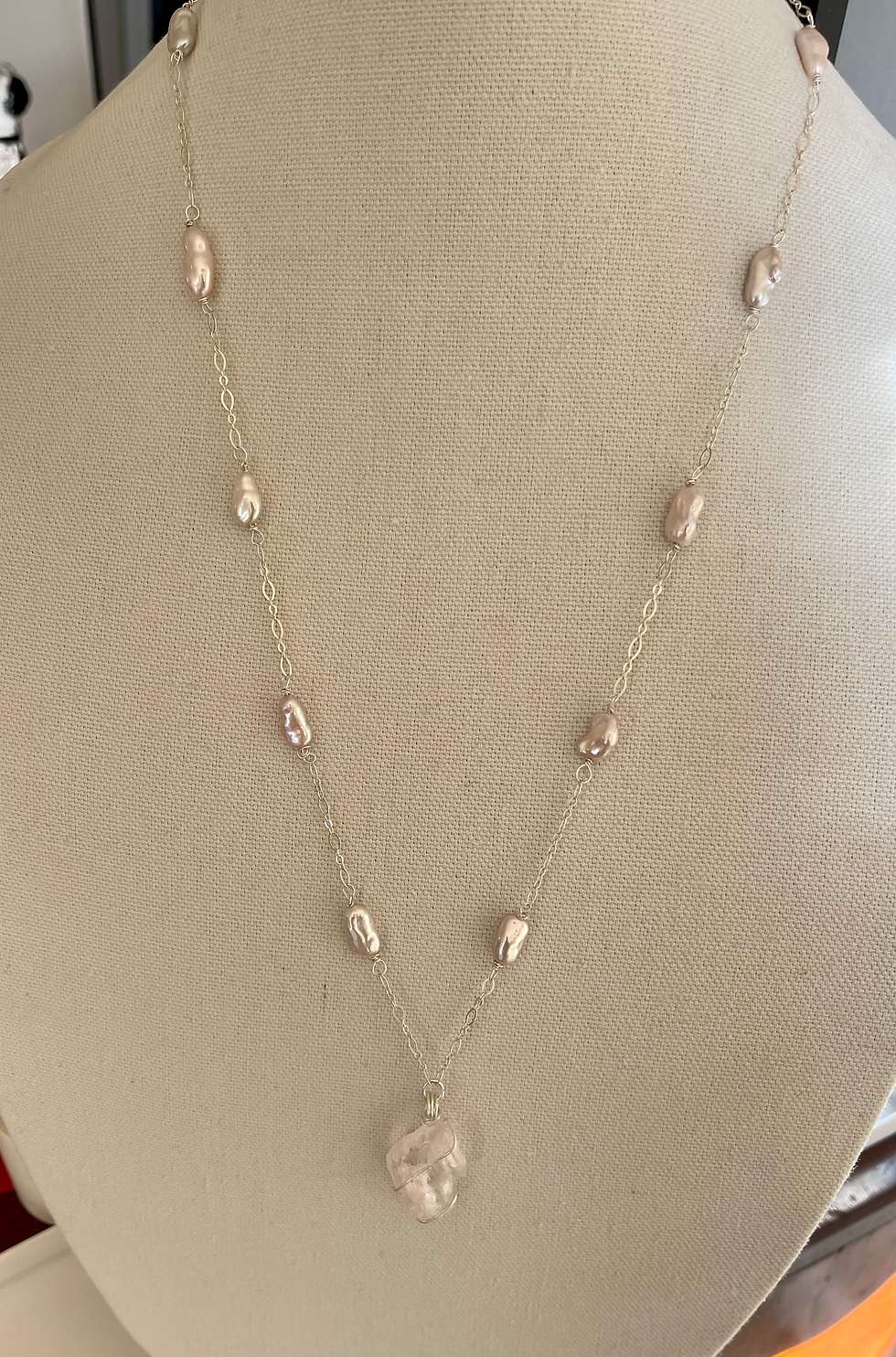 Pastel pink biwa pearls and rare kunzite pendant set in sterling silver
