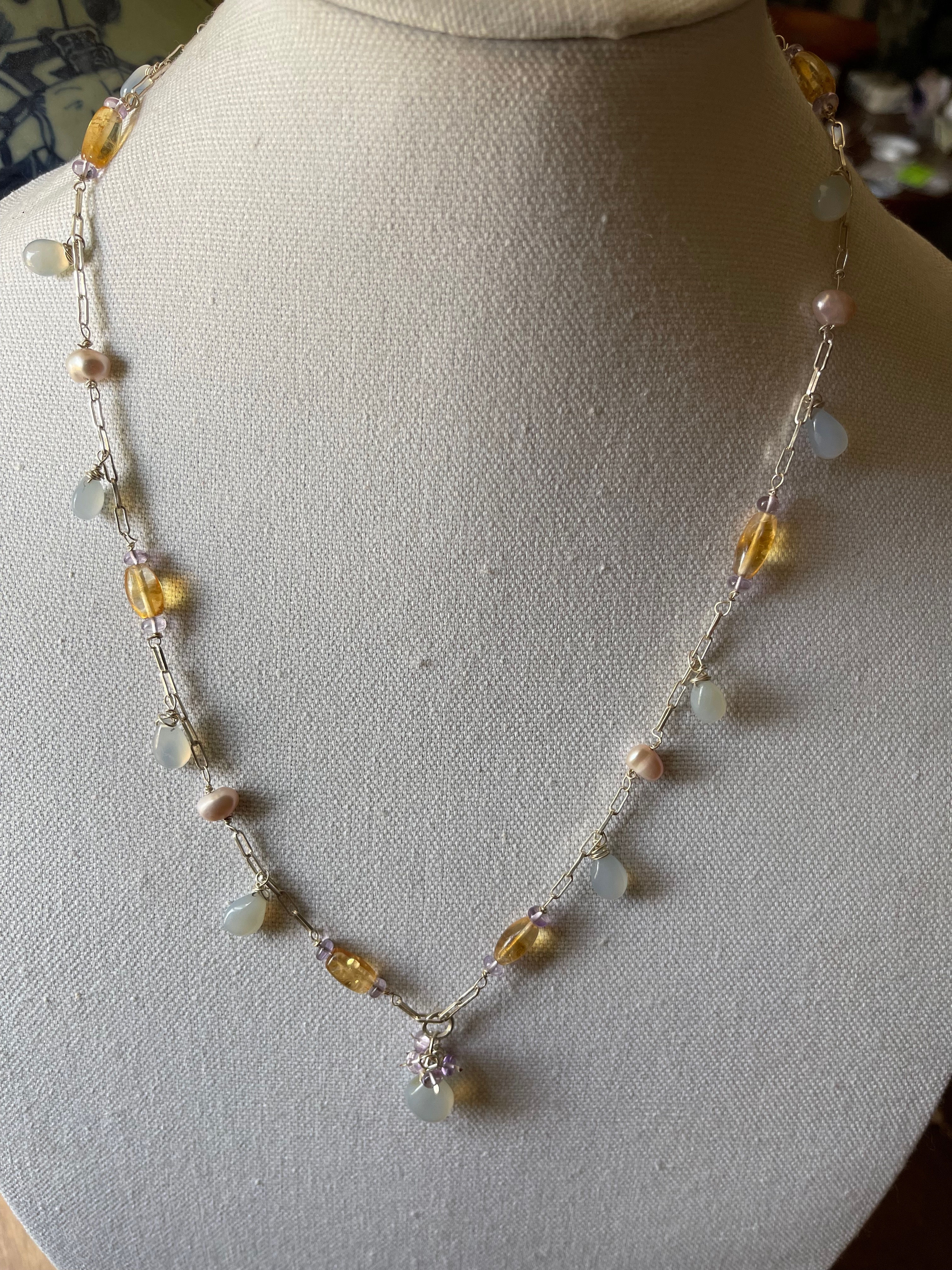 Chalcedony, pearl and citrine silver chain necklace
