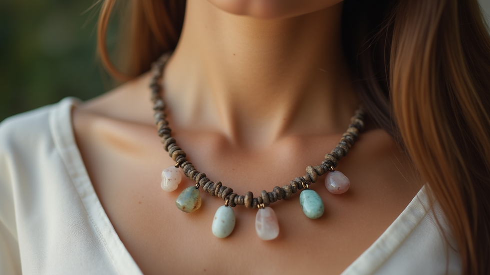 Close-up view of a handcrafted necklace featuring natural stones