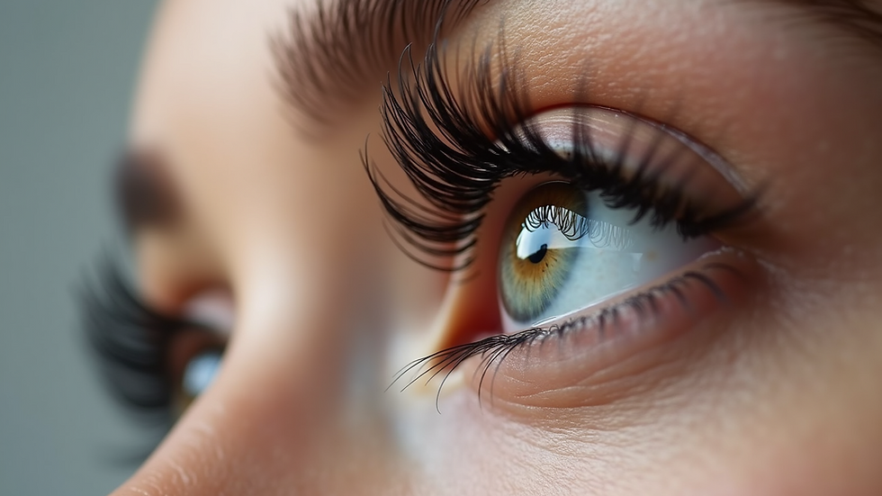 Close-up view of eyelash extensions on natural lashes