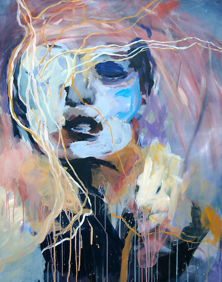 Acrylbild in blau violett Tönen mit einem Frauenportrait mit geschlossenen Augen