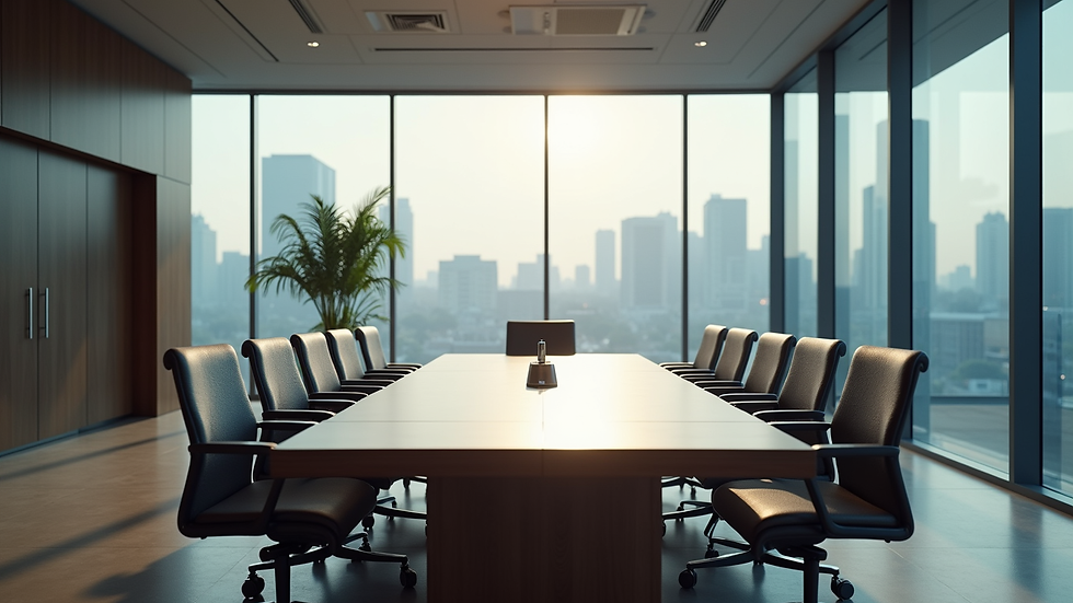 High angle view of a modern office space with a focus on a large conference table