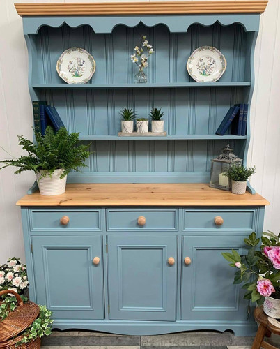 princess polly baby blue dress Custom painted upcycled Pine country farmhouse large 3 DOOR Welsh Dresser