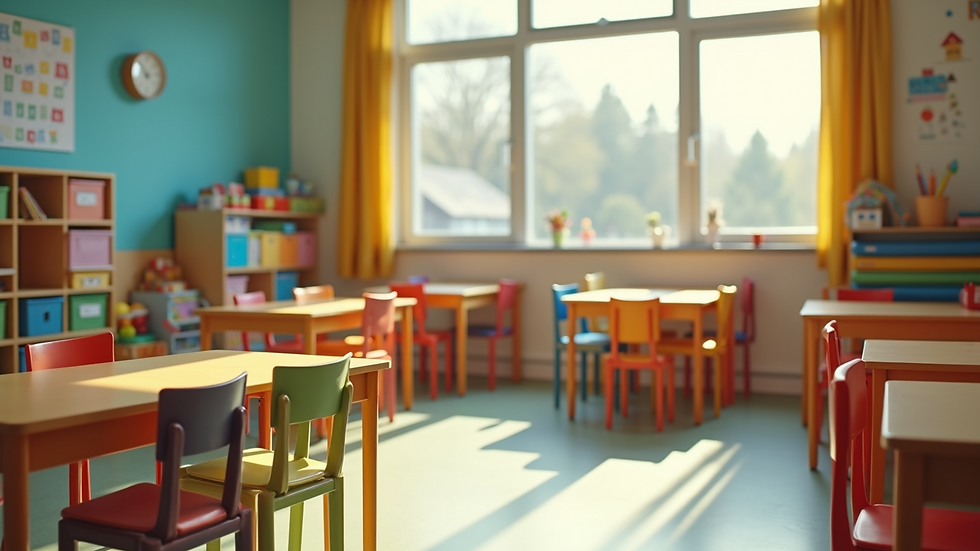 Wide angle view of a colorful preschool classroom