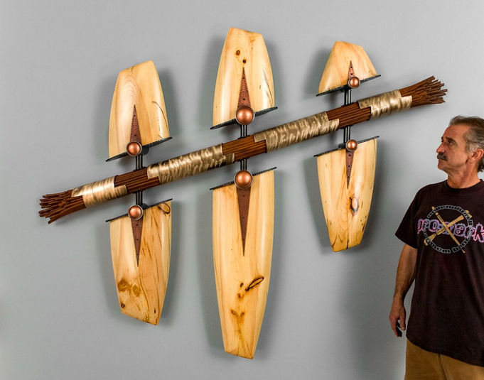 Reclaimed Ponderosa Pine, mild steel, bronze and copper.  7'x5'x8"  250 lbs.  SOLD