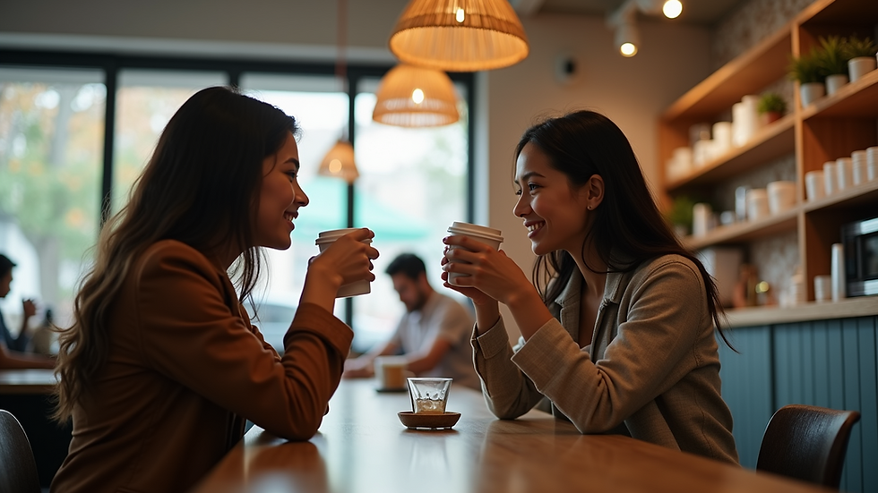 Eye-level view of two friends enjoying a coffee together