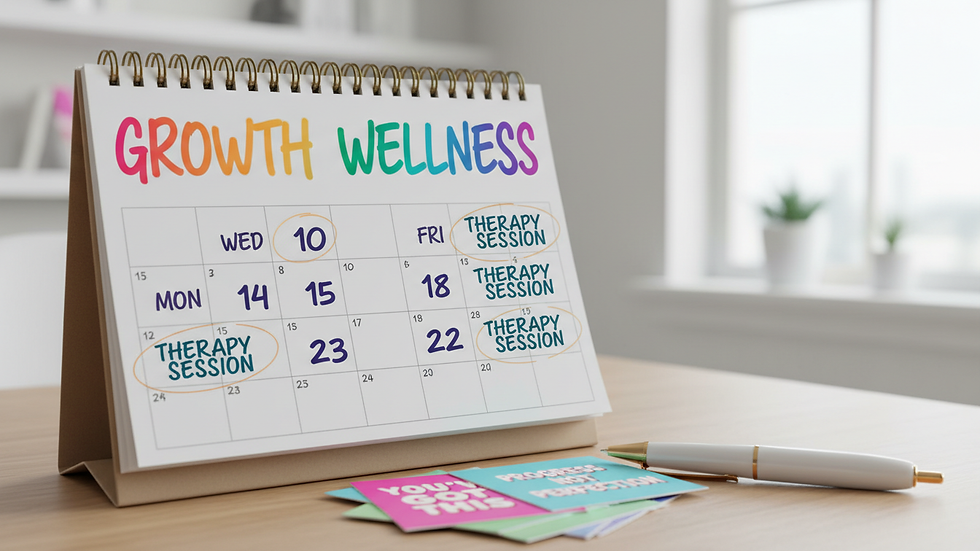 Close-up view of a calendar with therapy appointments marked and a pen nearby