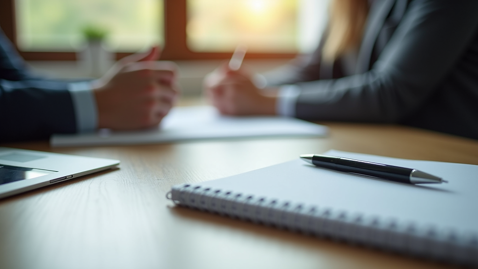 Close-up view of a notebook and pen on a table during a counseling session