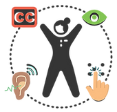 An accessibility icon showing a person with outstretched arms surrounded by symbols for closed captions, hearing, vision, and touch, representing inclusive access.