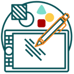 An illustration of a digital drawing tablet with a stylus and color swatches, symbolizing creative design and content creation.