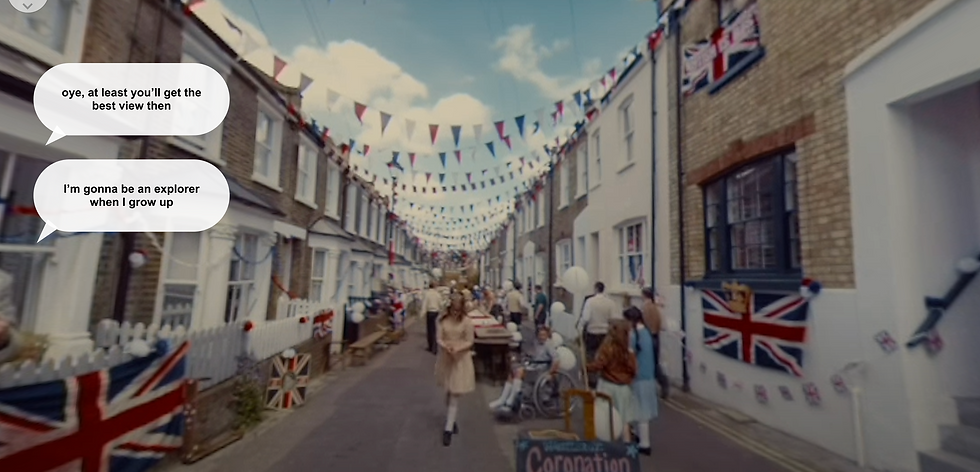 In and Out view Bubble Caption- A festive street with people and decorations; one speech bubble is a