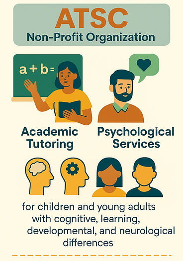 Poster for ATSC Non-Profit Organization. The top shows a woman teaching math with a chalkboard labeled "a+b=" and a man with a heart speech bubble, representing services. Below are icons of a brain, gear, and people. Text reads: Academic Tutoring and Psychological Services for children and young adults with cognitive, learning, developmental, and neurological differences.