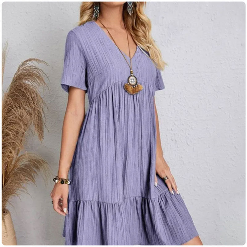 Thumbnail: Women Summer Peplum Dresses Spring V-Neck Short Sleeve Loose Waist Ruffle Fit Fl
