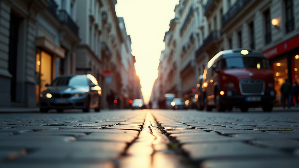 Eye-level view of a bustling city street in Europe