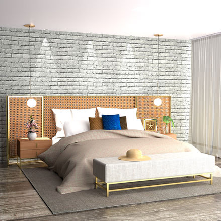 Suíte B+C: Esse dormitório de praia, especialmente desenvolvido para um casal jovem, conta com cores neutras e elementos naturais. Na cabeceira, que é o elemento chave do projeto, a palha traz a rusticidade, ao mesmo tempo conta com metais dourados, remetendo ao capim dourado. Detalhes dourados aparecem também nas mesas de cabeceira e recamier. Realmente ficou do jeito que o casal queria