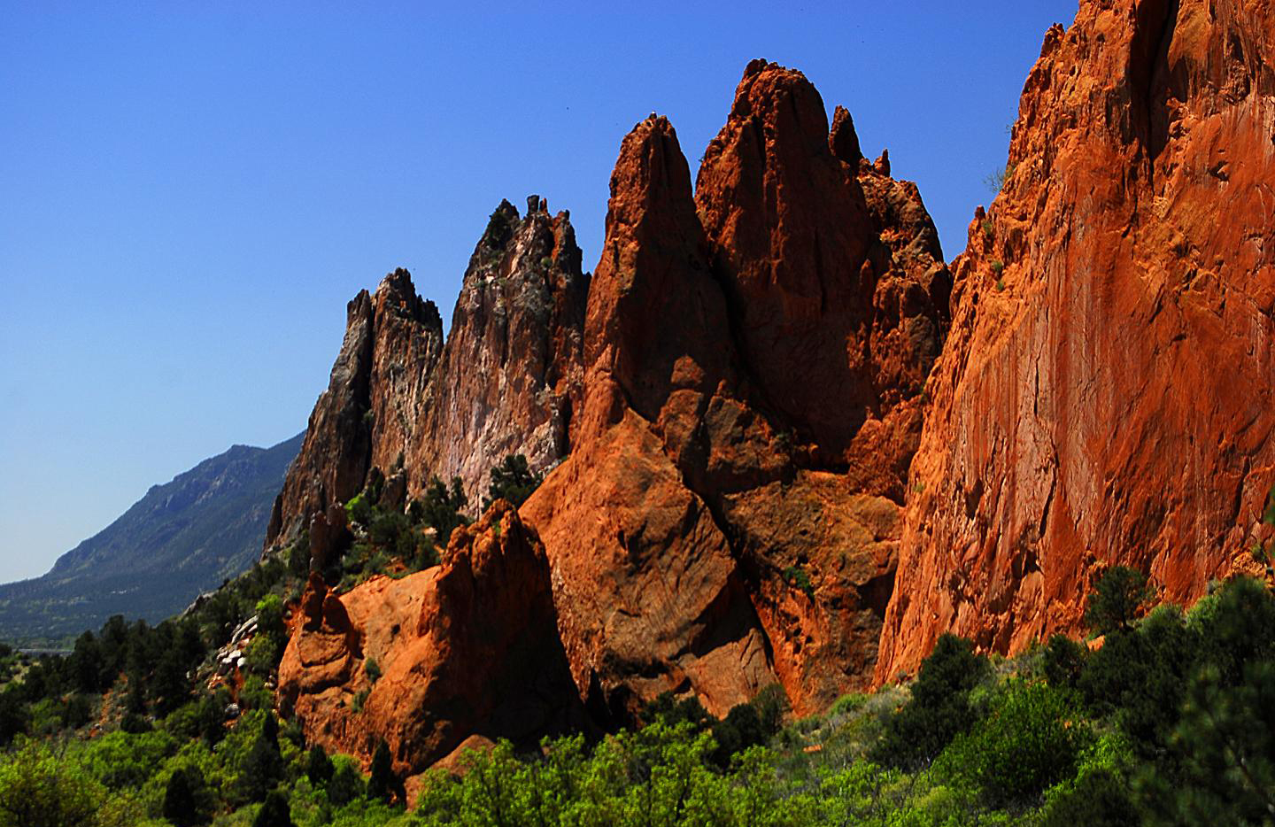 Sunlit red sandstone formations at Garden of the Gods