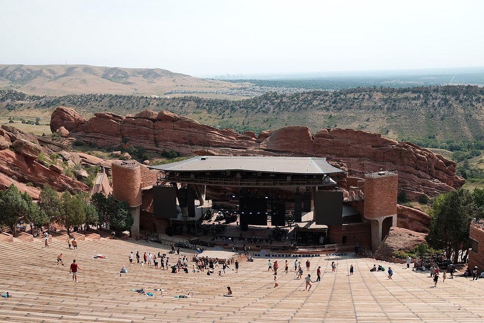 Wide angle view of red sandstone formations at Red Rocks Amphitheatre