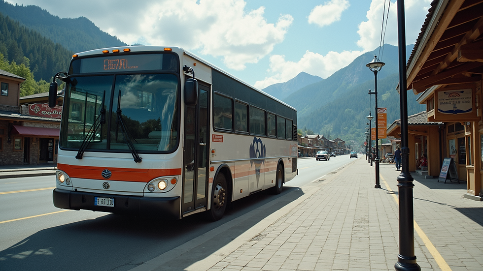 High angle view of a shuttle bus parked at a mountain town bus stop