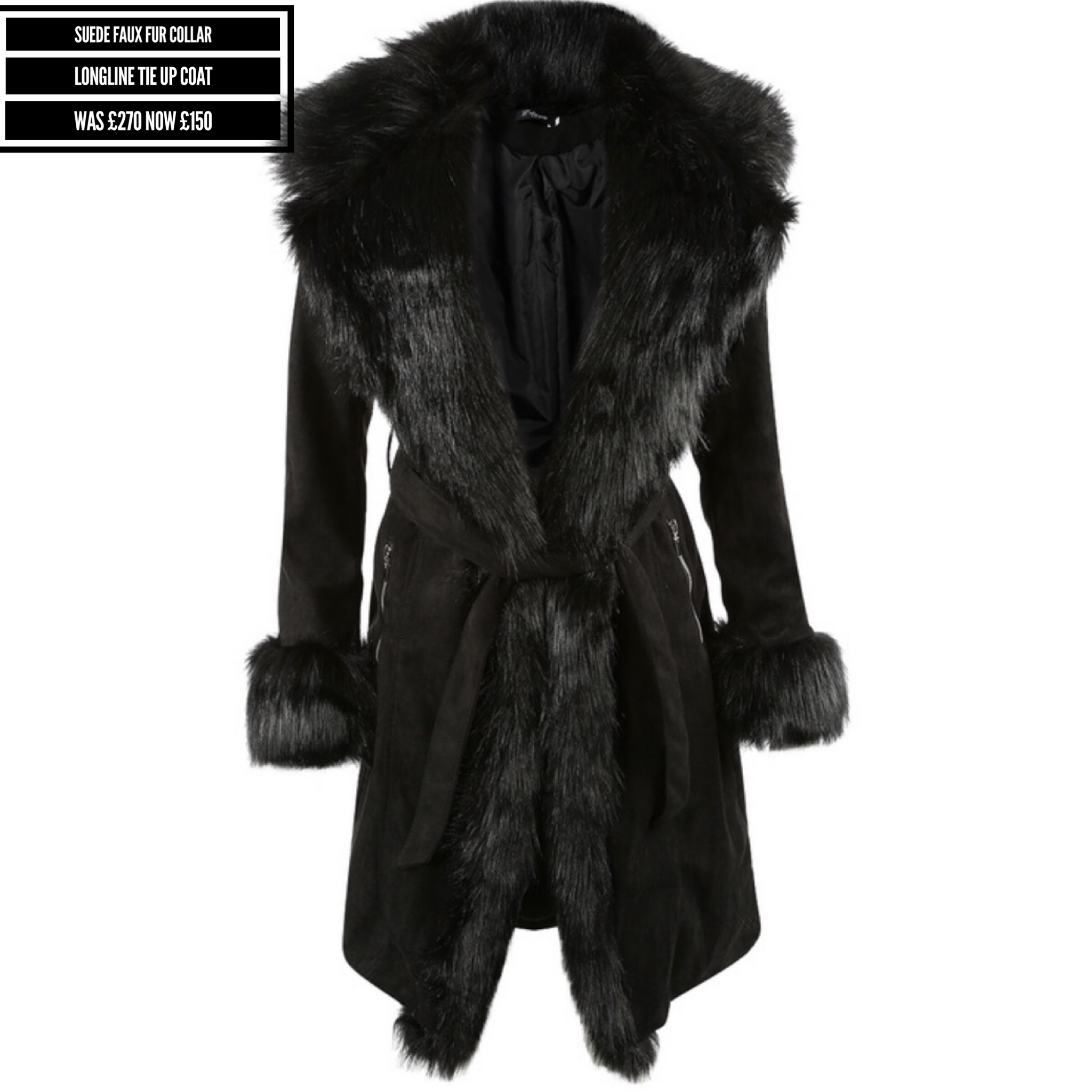 Suede Faux Fur Collar Longline Tie Up Coat
