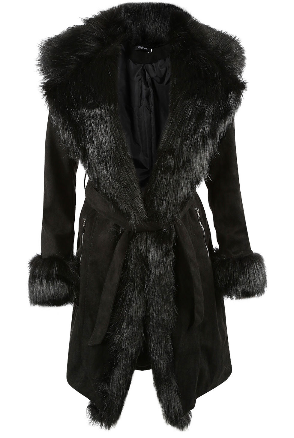 Thumbnail: Suede Faux Fur Collar Longline Tie Up Coat