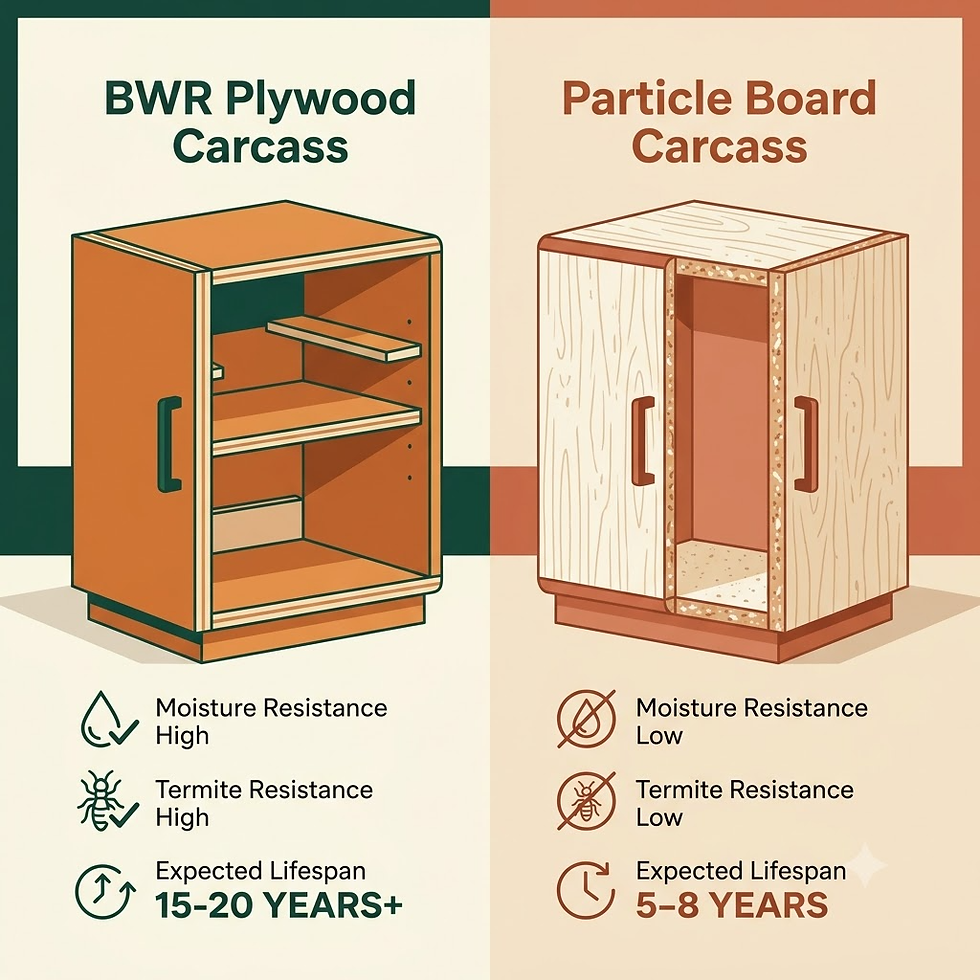 BWR plywood vs particle board kitchen cabinet material comparison