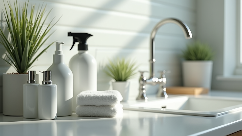 Close-up view of cleaning supplies arranged neatly on a countertop