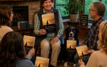 Group of people sharing a moment with books and a dog in a cozy living space.