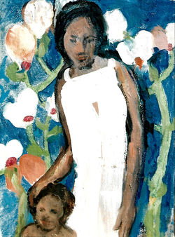 Jeune femme en robe blanche avec un enfant