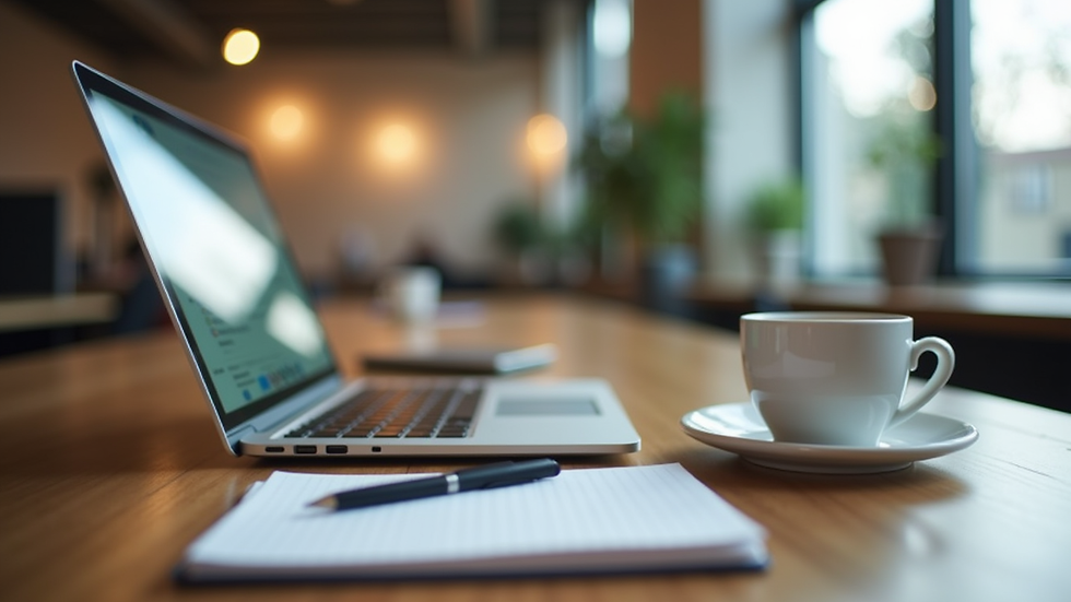 Close-up view of a desk with a laptop, notebook, and coffee cup in a coworking space