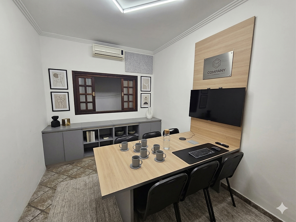 Sala de reunião moderna em coworking Taubaté com mesa de madeira e TV.