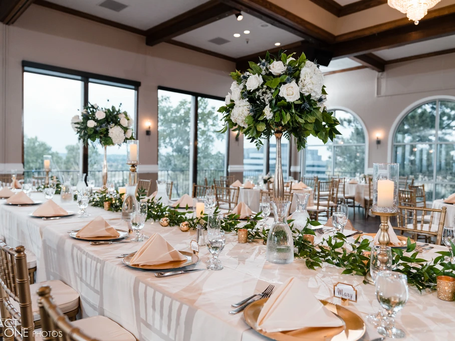 seating, table settings, and table decor for wedding guests