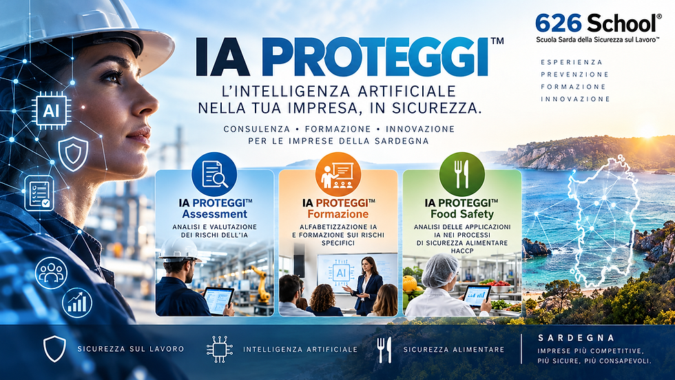 IA PROTEGGI di 626 School: valutazione rischi intelligenza artificiale, formazione IA e sicurezza alimentare HACCP in Sardegna.