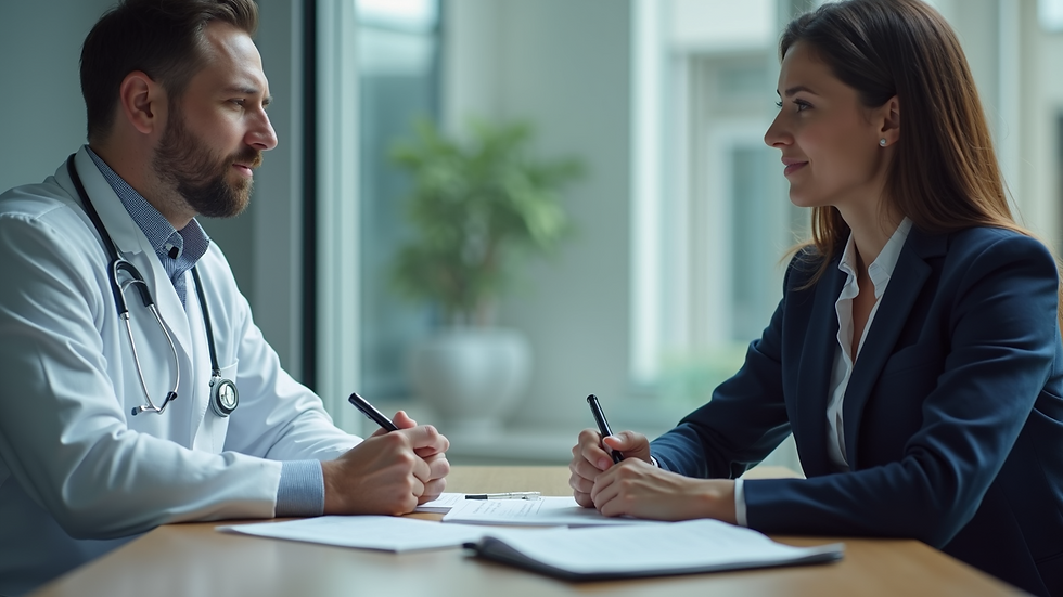 Eye-level view of a healthcare provider discussing legal matters with a lawyer