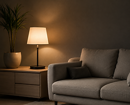 Cozy minimalist living room with warm ambient lighting