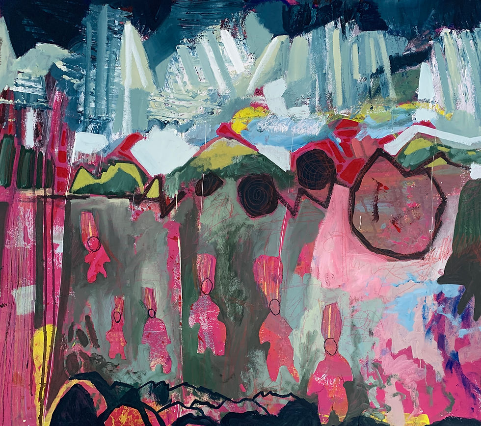 a mixed media painting of carnival in a Mexican village under the volcano