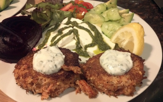 Chipotle Crab Cakes, Garden Veggies, Greens and Cheese