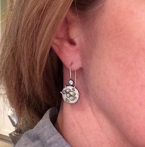 Thumbnail: Cream and Blue Round Cell Earrings with cut Topaz