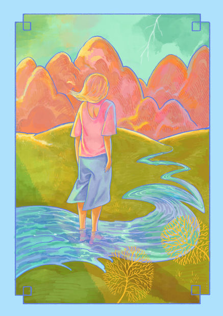 Illustration of a woman standing on a thin river going towards the mountains in the distance. Ilustação de mulher de pé sobre rio que se afasta em direção às montanhas distantes.
