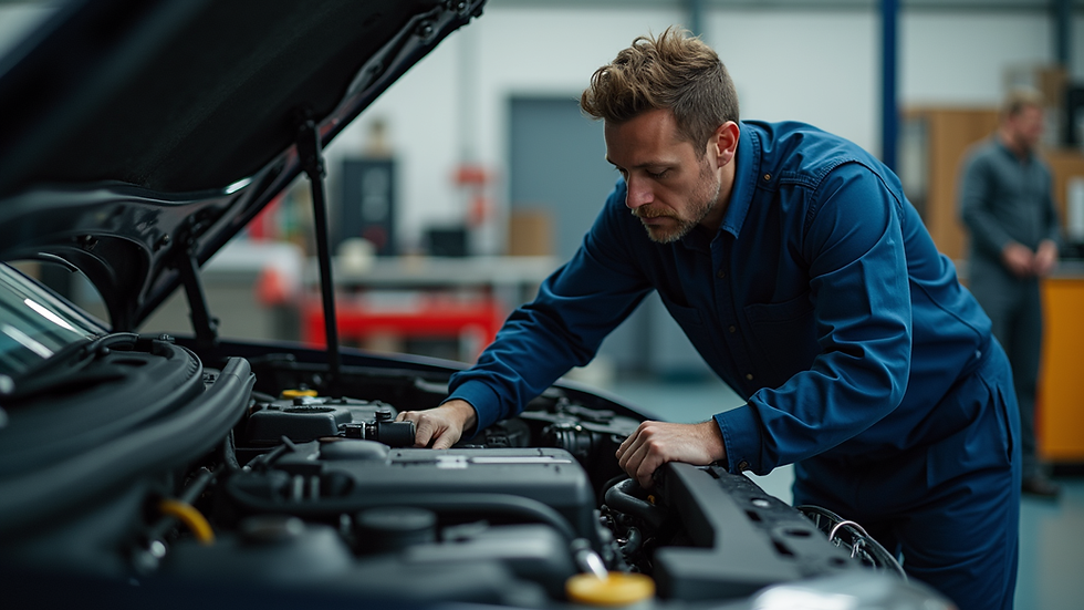 Close-up view of a mechanic inspecting an engine